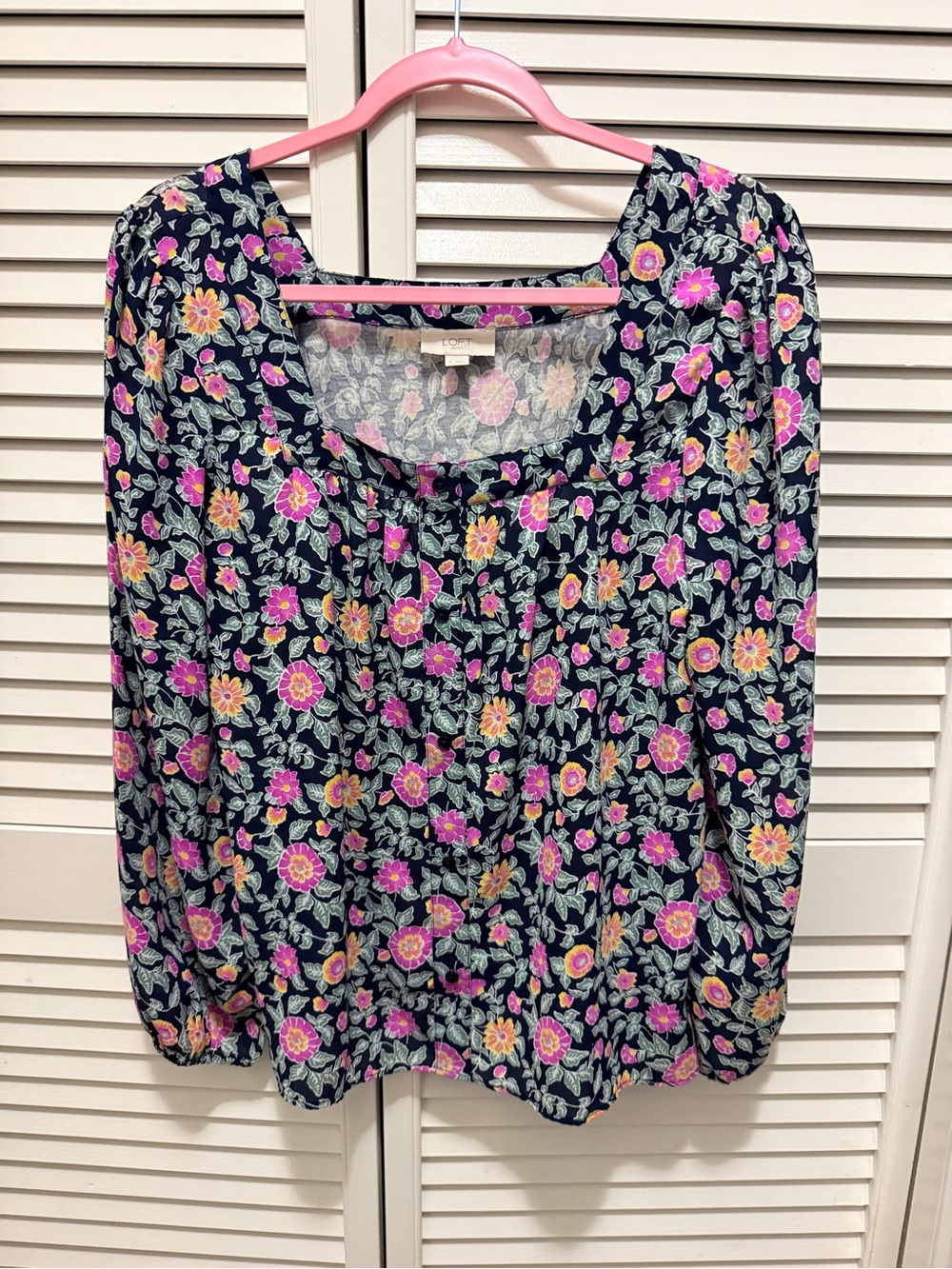 LOFT Navy Floral Scoop Neck Blouse with Pink & Yellow Blooms small